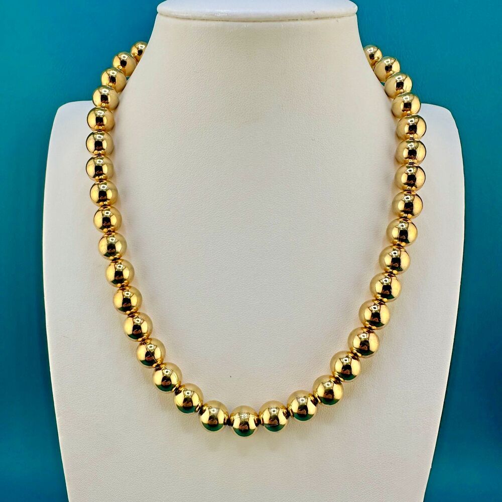 Vintage Napier Necklace Shiny Gold Tone Metal Bead On Chain Hook Clasp 15"